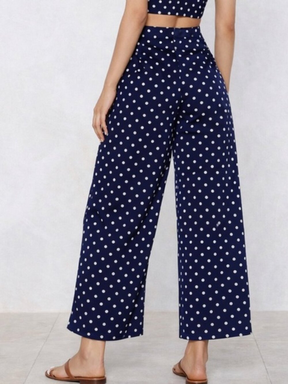 Nasty Gal Navy Blue White Polka Dot Wide Leg Cropped Pants